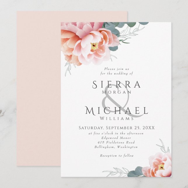 Invitación Boda de peones rosados de Rubor floral moderno (Anverso / Reverso)