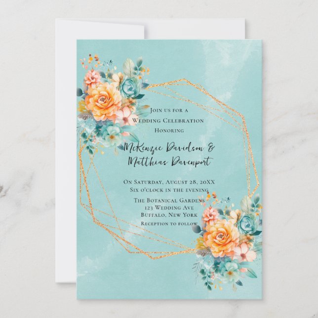 Invitación Boda de peones turquesa y Naranja (Anverso)