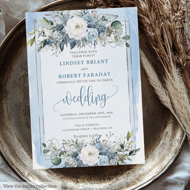 Invitación Boda de peoneses plateados blancos azul pastel mín (Minimal Pastel Blue White Silver Peonies Wedding Invitation)