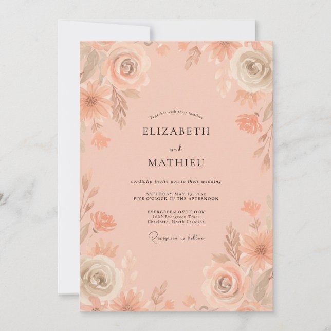 Invitación Boda de peonía acuarela melocotón (Anverso)
