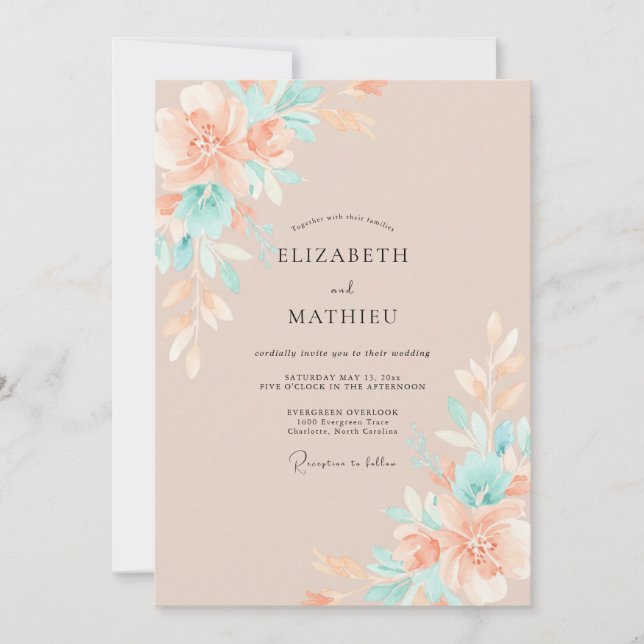Invitación Boda de peonía acuática con melocotón cálido (Anverso)