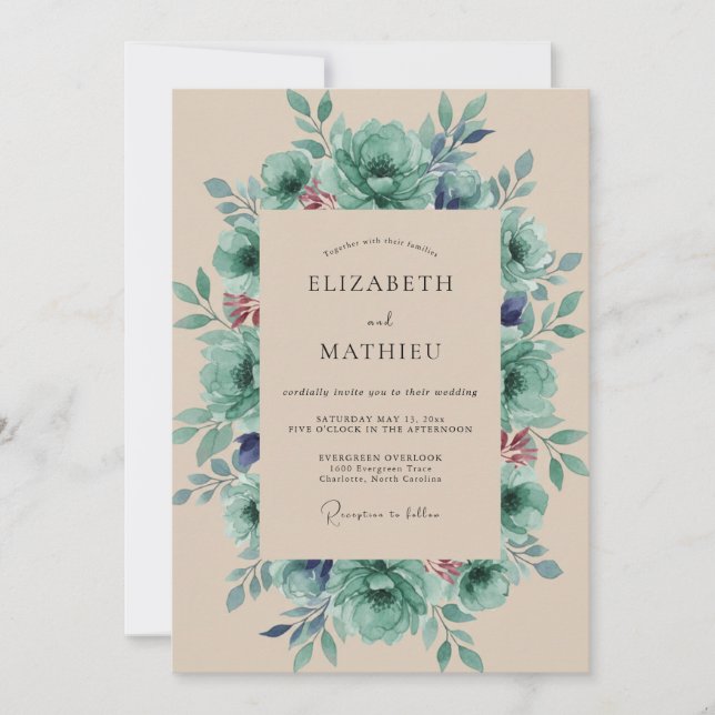 Invitación Boda de peonía acuática de champán antiguo (Anverso)