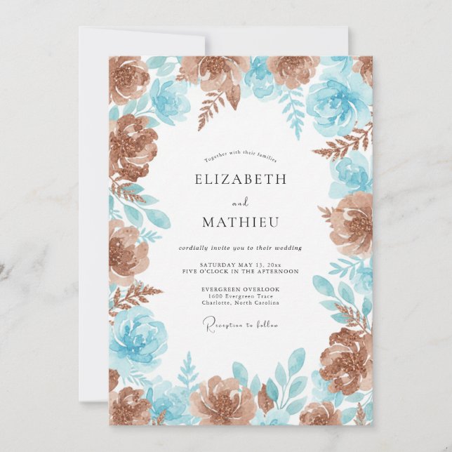 Invitación Boda de peonía acuática de cobre (Anverso)