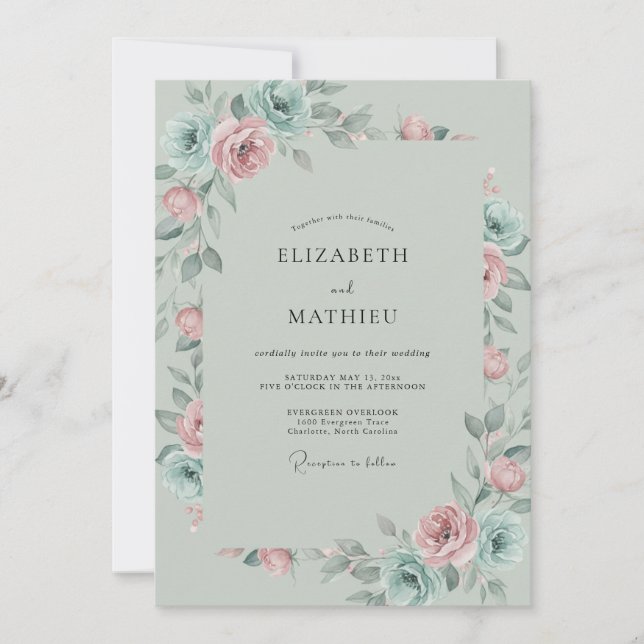 Invitación Boda de peonía acuática de menta (Anverso)