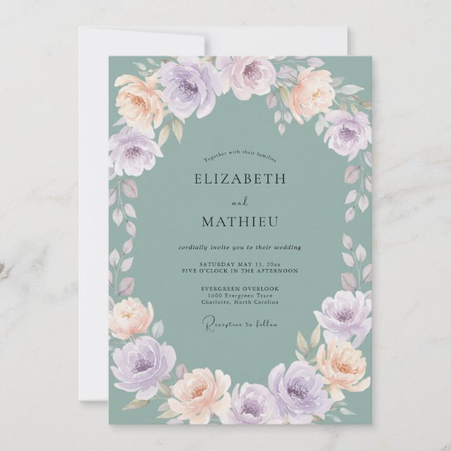 Invitación Boda de peonía acuática silenciada (Anverso)