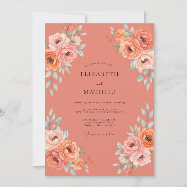Invitación Boda de peonía acuática terracota (Anverso)