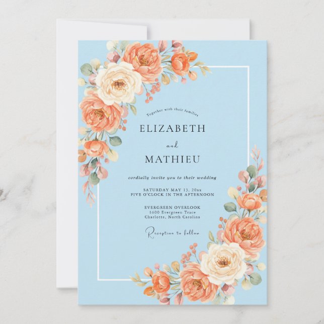 Invitación Boda de Peonía Albaricoque Azure (Anverso)