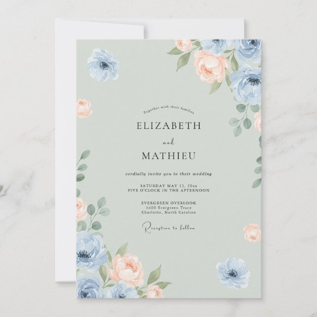 Invitación Boda de Peonía Albaricoque Celadón (Anverso)