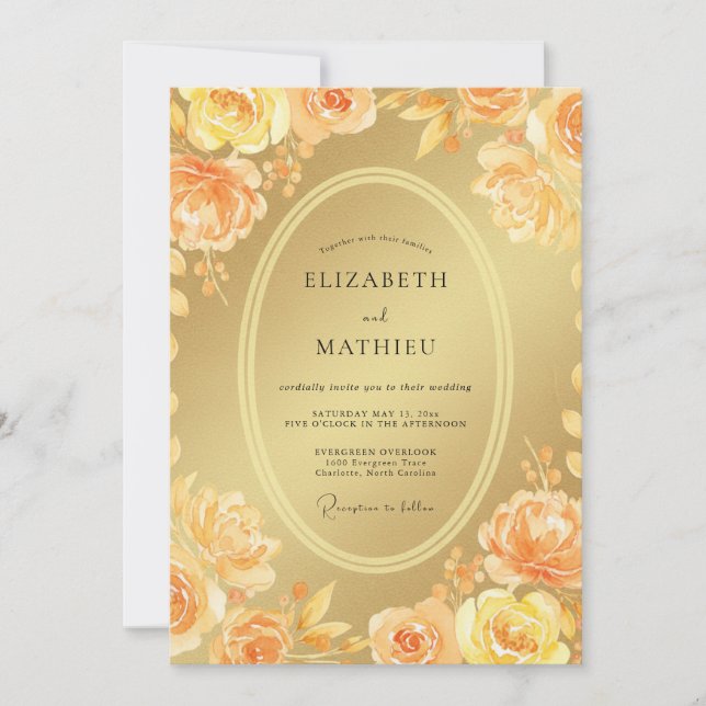 Invitación Boda de Peonía Albaricoque Dorado (Anverso)