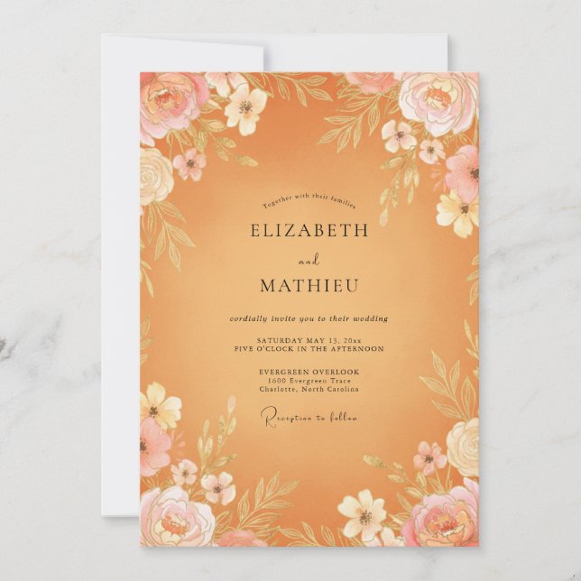 Invitación Boda de Peonía Albaricoque Dorado (Anverso)
