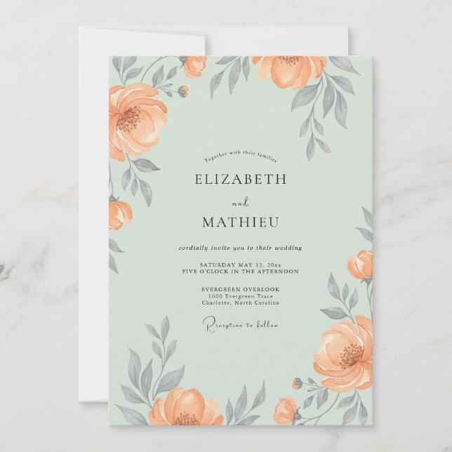 Invitación Boda de peonía albaricoque espuma de mar (Anverso)