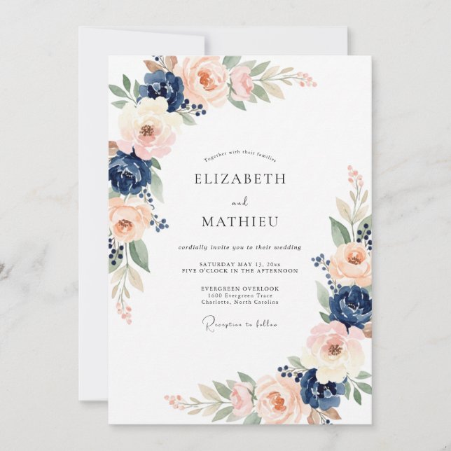 Invitación Boda de Peonía Albaricoque Índigo (Anverso)