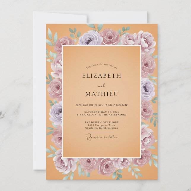 Invitación Boda de peonía albaricoque malva suave (Anverso)
