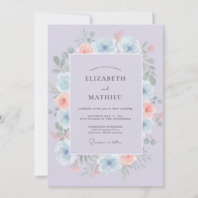 Invitación Boda de Peonía Albaricoque Periwinkle (Anverso)