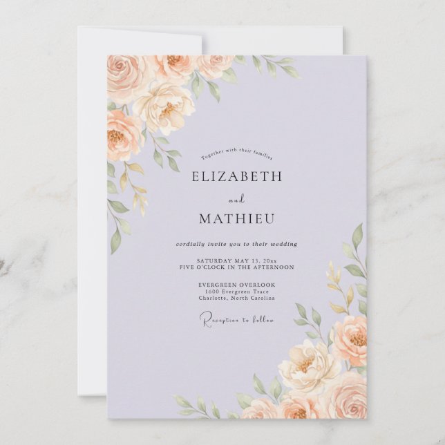 Invitación Boda de Peonía Albaricoque Periwinkle (Anverso)
