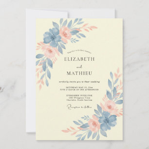 Invitación Boda de Peonía Amarilla Azul Acero