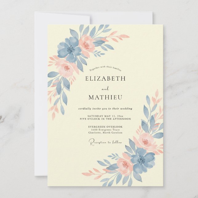 Invitación Boda de Peonía Amarilla Azul Acero (Anverso)