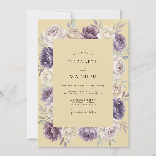 Invitación Boda de peonía amarilla ciruela moderna (Anverso)