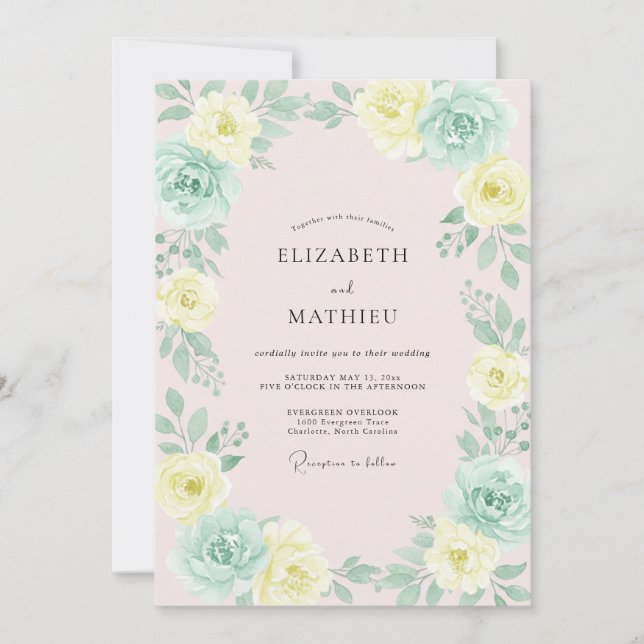 Invitación Boda de peonía amarilla espuma de mar (Anverso)