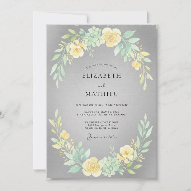 Invitación Boda de Peonía Amarilla Gris (Anverso)