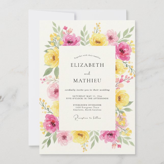Invitación Boda de Peonía Amarilla Magenta (Anverso)