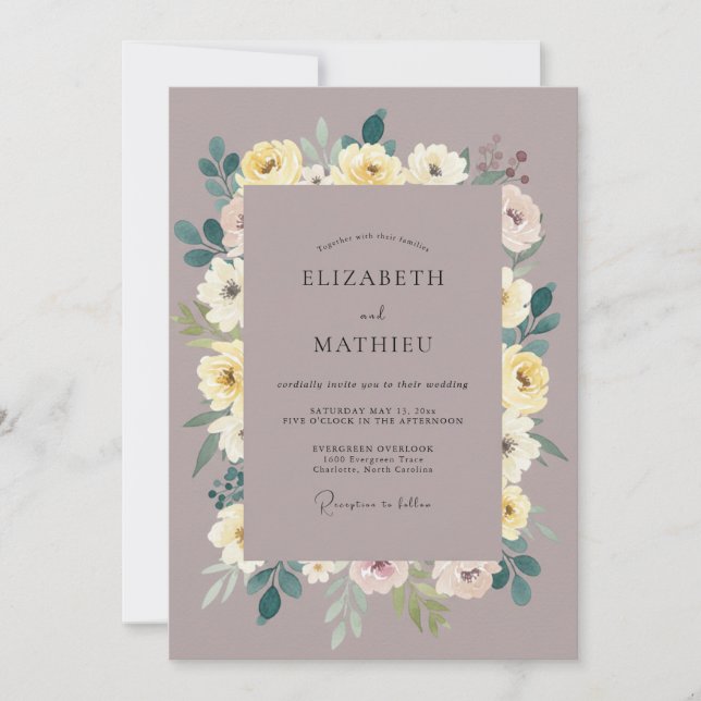 Invitación Boda de peonía amarilla malva (Anverso)