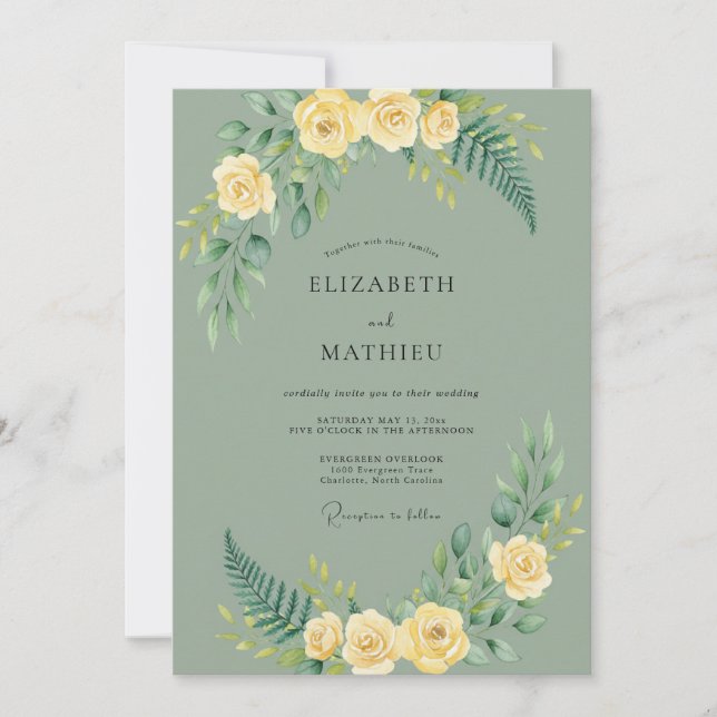 Invitación Boda de Peonía Amarilla Oliva (Anverso)