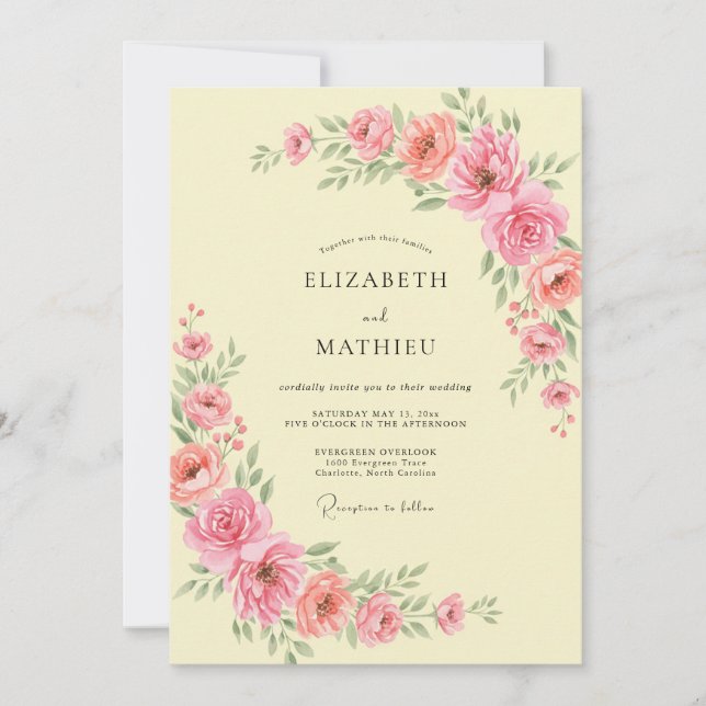 Invitación Boda de peonía amarilla pálida costera (Anverso)
