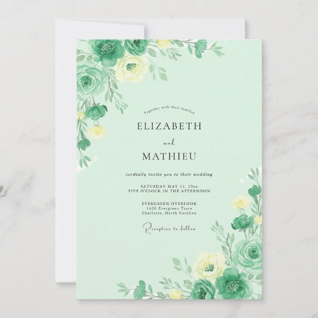 Invitación Boda de peonía amarilla pálida y menta (Anverso)