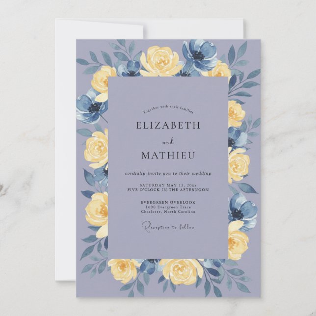 Invitación Boda de Peonía Amarilla Periwinkle (Anverso)