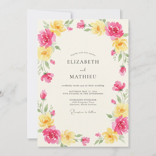 Invitación Boda de Peonía Amarilla Rosa (Anverso)