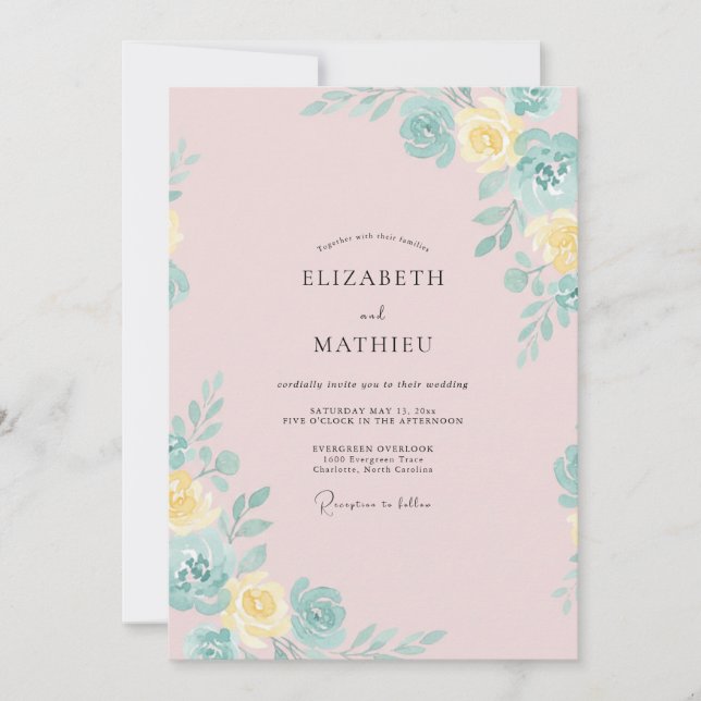 Invitación Boda de peonía amarilla rosa pálido suave (Anverso)