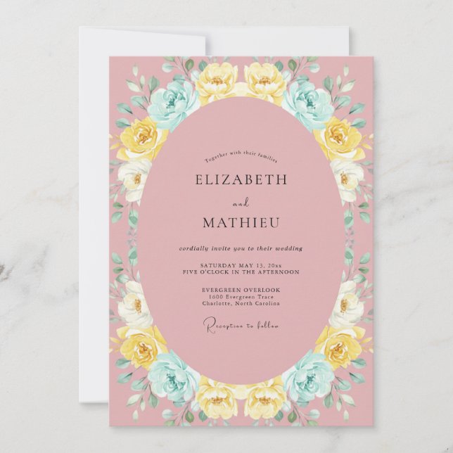 Invitación Boda de peonía amarilla suave malva (Anverso)