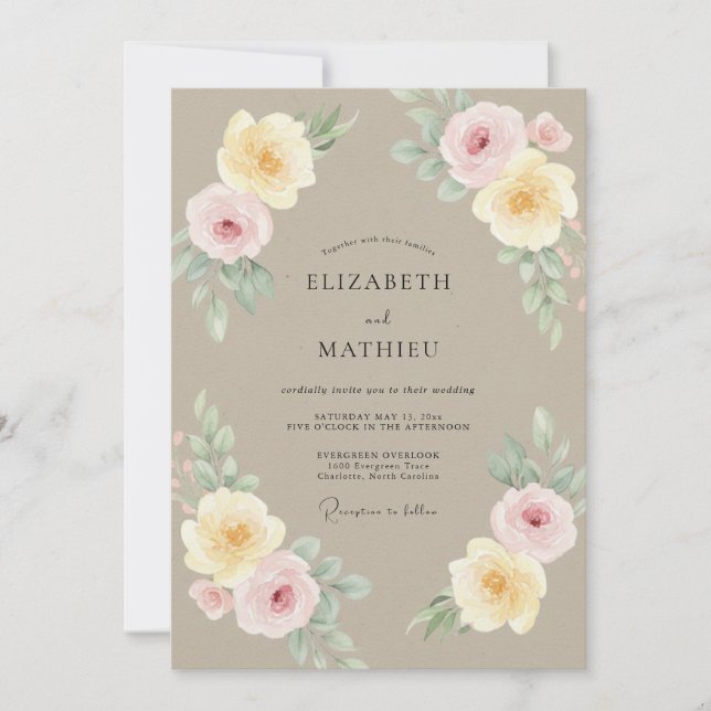 Invitación Boda de peonía amarilla taupe (Anverso)