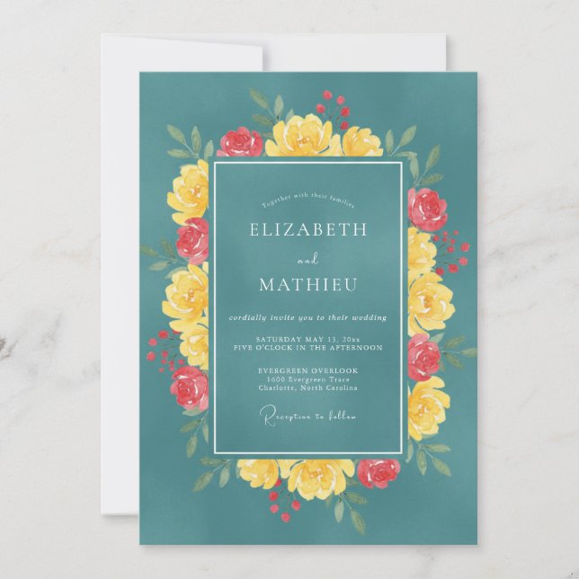 Invitación Boda de Peonía Amarilla y Cian (Anverso)
