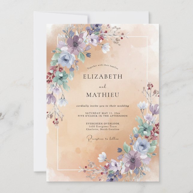 Invitación Boda de peonía amatista de champán (Anverso)