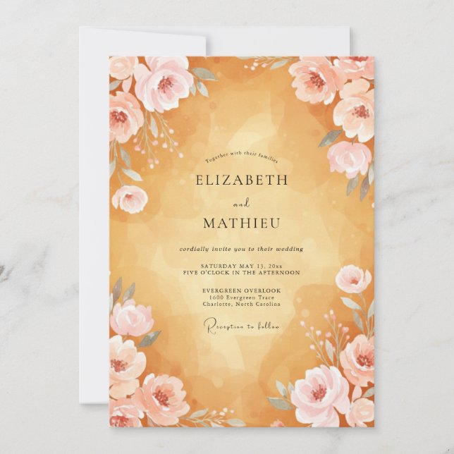 Invitación Boda de Peonía Ámbar Tropical (Anverso)