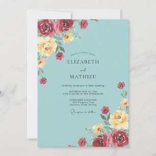 Invitación Boda de peonía aqua Borgoña