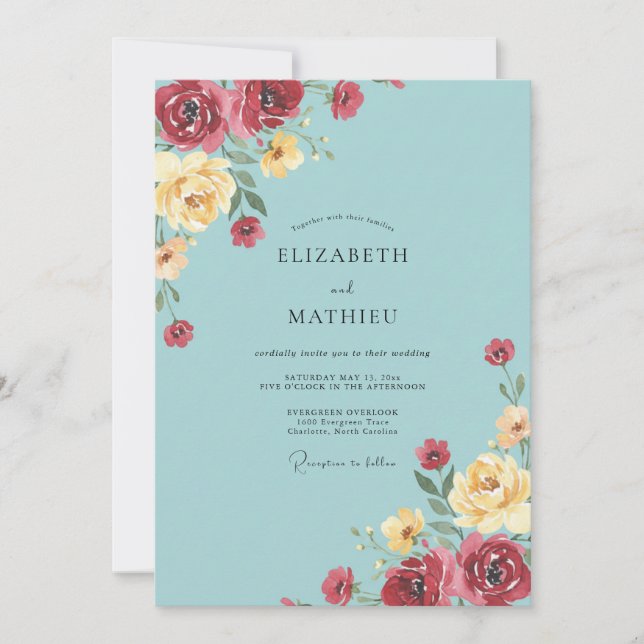 Invitación Boda de peonía aqua Borgoña (Anverso)