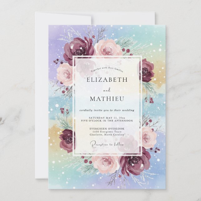 Invitación Boda de peonía aqua ciruela (Anverso)