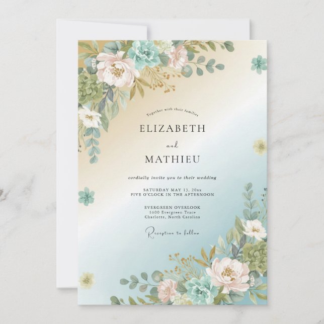 Invitación Boda de Peonía Aqua Gold (Anverso)