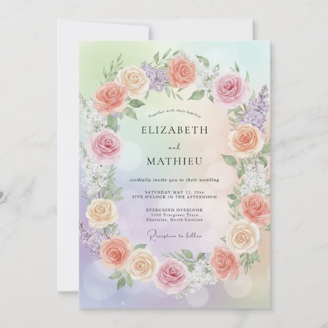 Invitación Boda de peonía arcoíris pastel (Anverso)