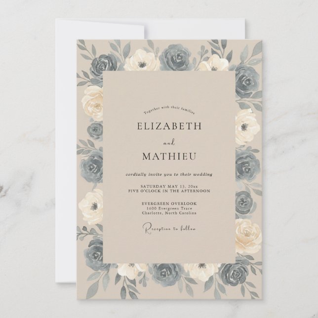 Invitación Boda de Peonía Azul Acero (Anverso)