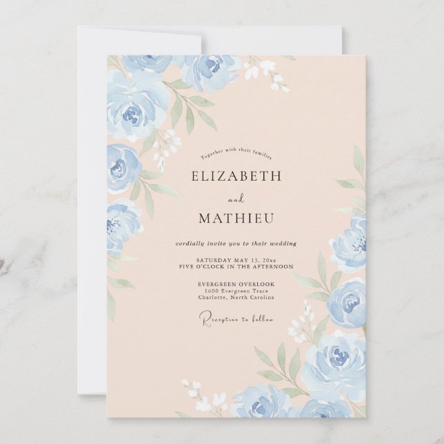 Invitación Boda de peonía azul aciano y champán (Anverso)