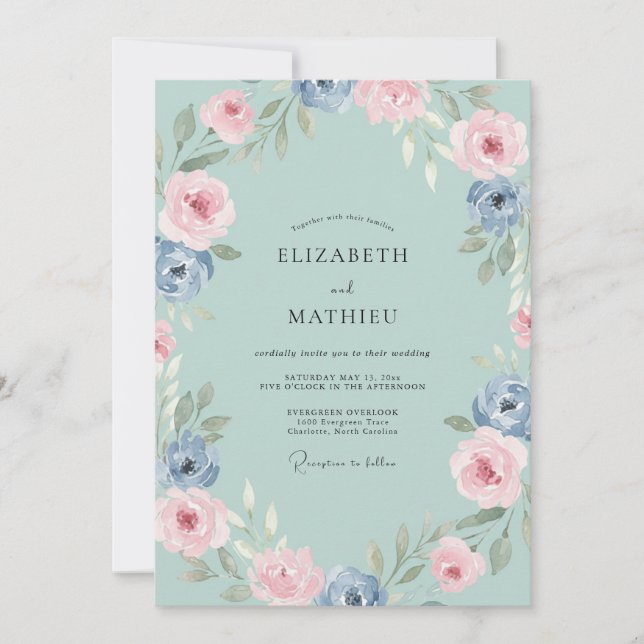 Invitación Boda de peonía azul acuático (Anverso)