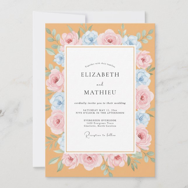 Invitación Boda de Peonía Azul Apricot (Anverso)