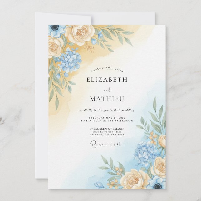 Invitación Boda de peonía azul champán (Anverso)