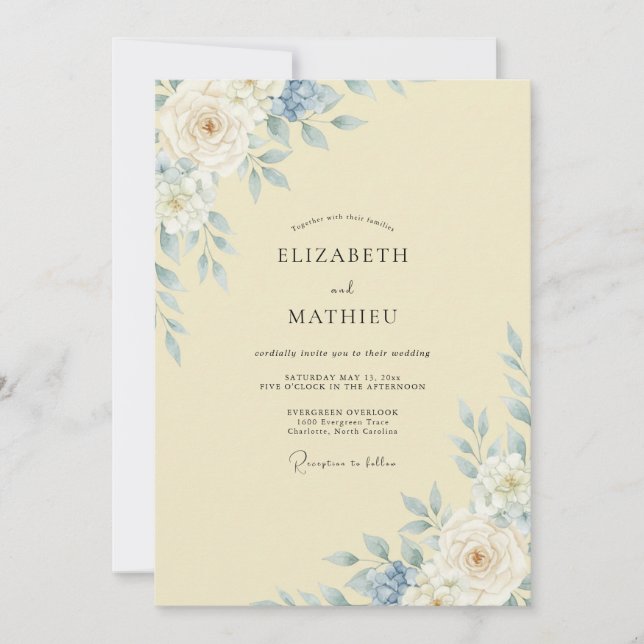 Invitación Boda de Peonía Azul con tonos Buttery (Anverso)