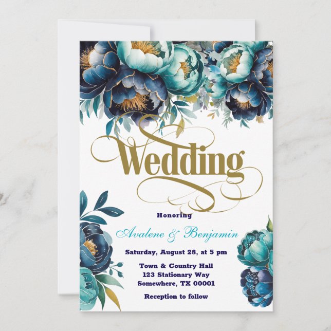 Invitación Boda de peonía azul de la Marina verde azulada (Anverso)
