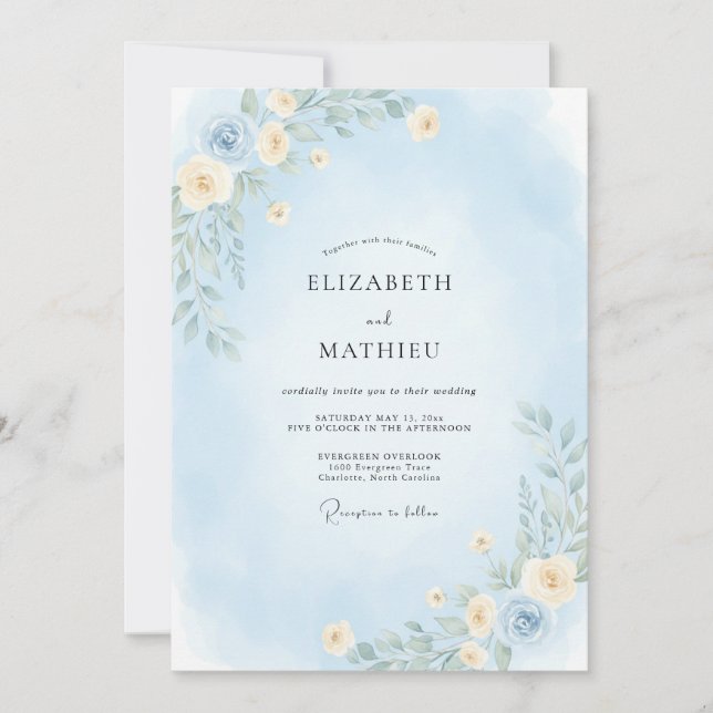Invitación Boda de Peonía Azul Hielo (Anverso)